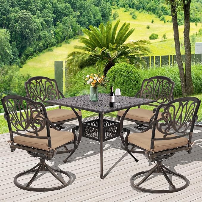 Grepatio 5 Piece Cast Aluminum Patio Dining Set, Outdoor Furniture Set with 4 Swivel Rocker Ding Chairs, 4 Cushions and 35.4" Square Patio Table with 2.4" Umbrella Hole, Antique Bronze (Khaki)