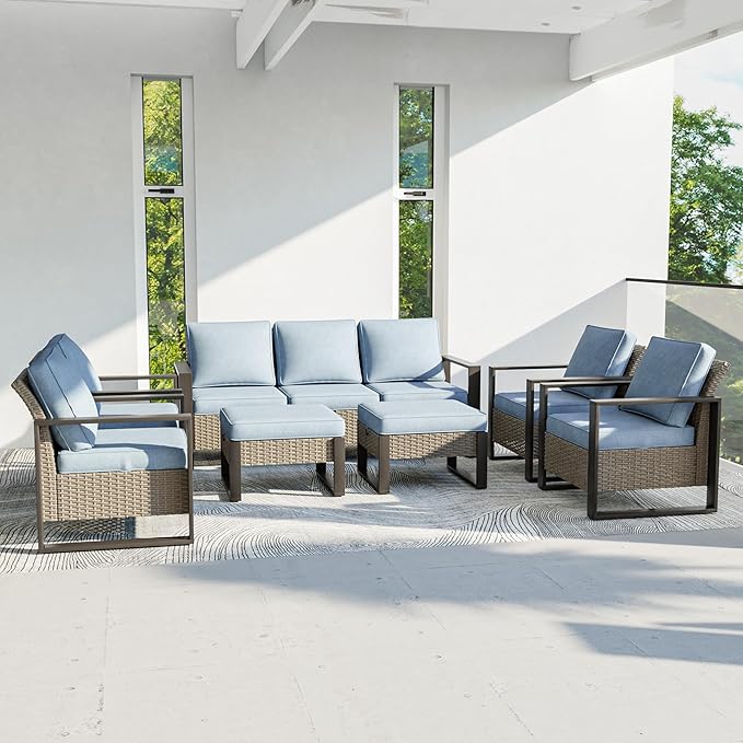 Outdoor Patio Furniture Set, 7 Piece Wicker Patio Conversation with Deep Seating, Thicken Cushions, Outdoor Club Chair, Metal Outdoor Furniture for Deck, Porch, Yard Use (Azure, 7 PCS/Chairs)