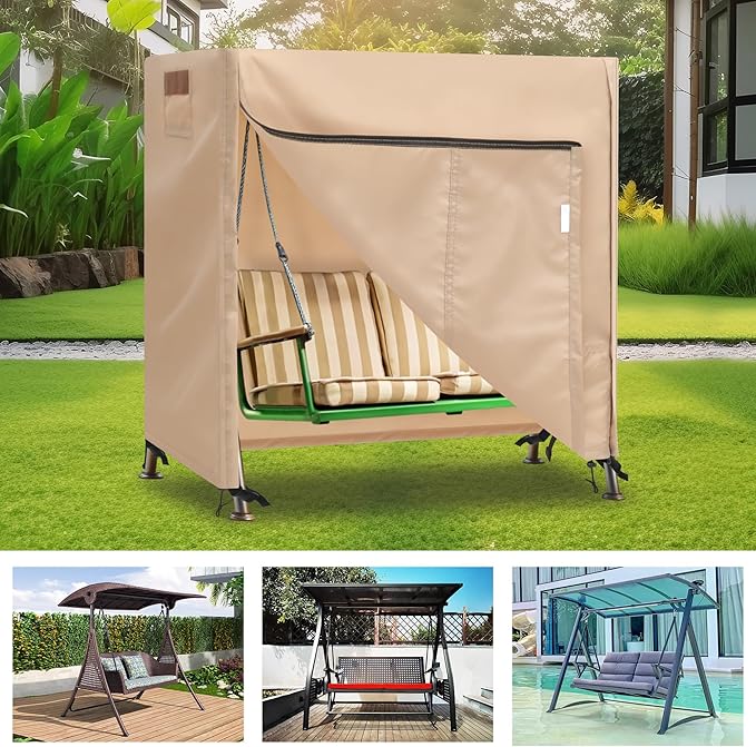 Outdoor Swing Covers for Patio Swing 2 Seater, 65" L x 50" D x 66" H, 2 Seat Swing Cover Waterproof, Porch Patio Swing Canopy Cover, Windproof UV Resistant All Weather Protector - Beige