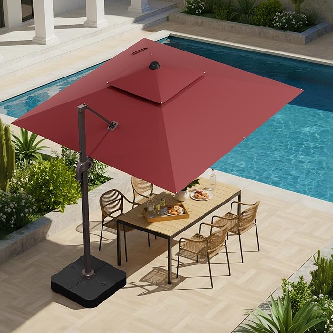 10x10 FT Patio Umbrella, Large Cantilever Double Top Heavy Duty Offset Umbrellas with 360° Rotation, Outdoor shade for Garden Deck Pool, Red