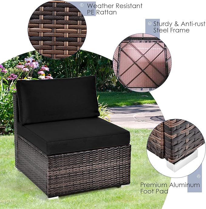 RELAX4LIFE 8-Piece Patio Furniture Set - Rattan Wicker Sectional Sofa Set w/Cushions, 32’’ Outdoor Gas Propane Fire Pit Table & Tank Holder, 40000 BTU Heat Output, PVC Cover for Firepit (Black)