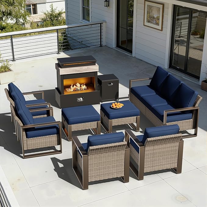 8 Pieces Metal Wicker Patio Furniture Set - 75" Sofa, Four Armchairs and Two Ottomans, One Fireplace All Weather Rattan Outdoor Conversation Furniture with Washable Cushion for Deck Porch, Dark Blue