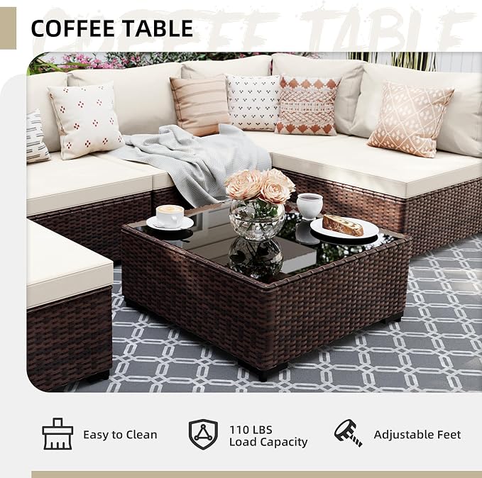 UPHA 9 Pieces Patio Furniture Sets, Wicker Outdoor Sectional Sofa Couch with Round Propane Pit for Deck Backyard Garden, Brown Rattan, White Cushion