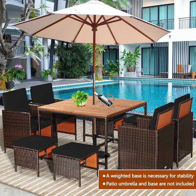 RELAX4LIFE 9-Piece Outdoor Dining Set - Wicker Rattan Patio Furniture w/Acacia Wood Tabletop, Soft Seat & Back Cushions, Dining Table & Chair Set for Backyard, Poolside (Black)