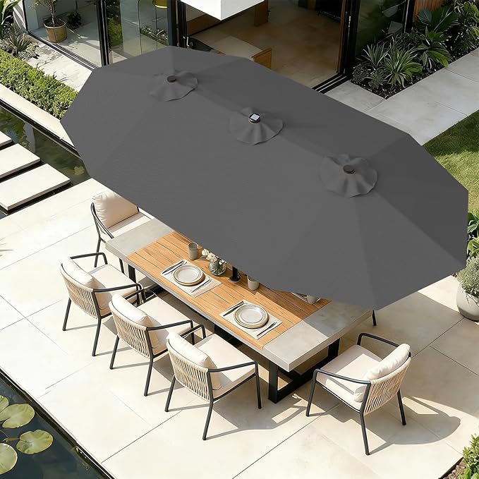 AreShark 13 FT Patio Umbrella with Solar Lights, Double-Sided Outdoor Table Umbrellas with Crank, Large Rectangular Market Umbrella for Porch, Lawn, Pool, Backyard, Gray