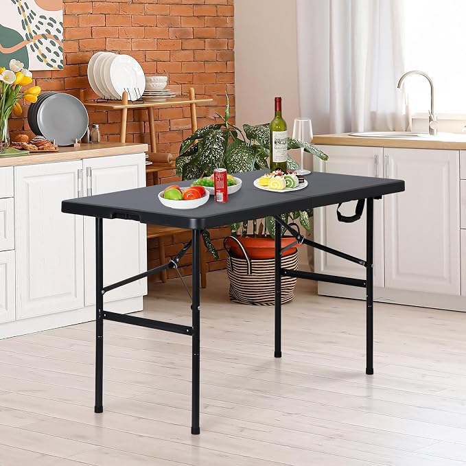 4ft Folding Table, Portable Plastic Picnic Table with Handle Card Table for Picnic Party Camping Dining Indoor Outdoor Lightweight, Black