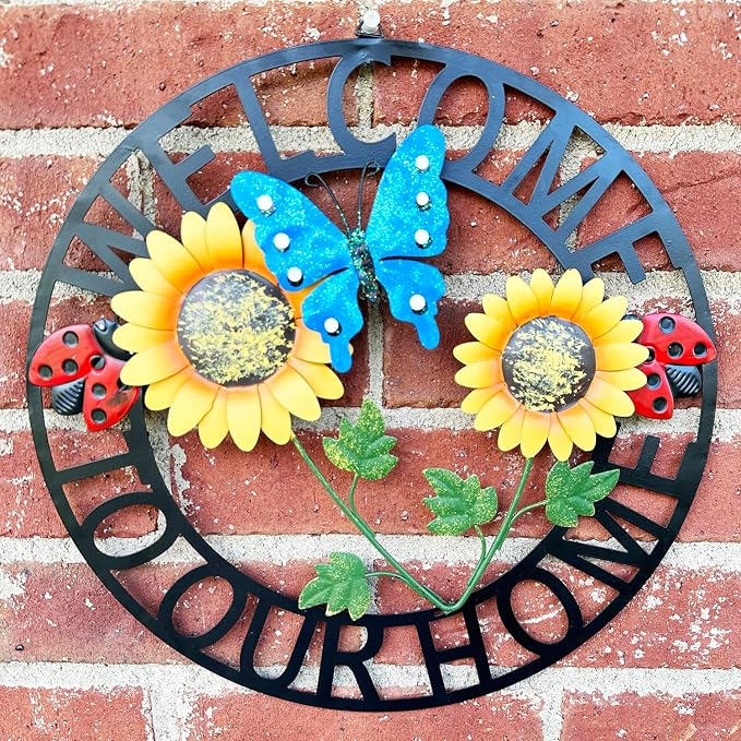 Hanging Sunflower and Butterfly Welcome Wreath, Outdoor Garden Ladybug Decor for Front Door, Porch or Backyard, Metal Construction