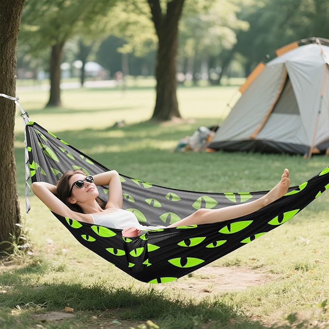 Camping Hammock Outdoor Hammocks for Outside Green Eyes Beach Trees Portable Lightweight with Pockets Tree Straps Indoor