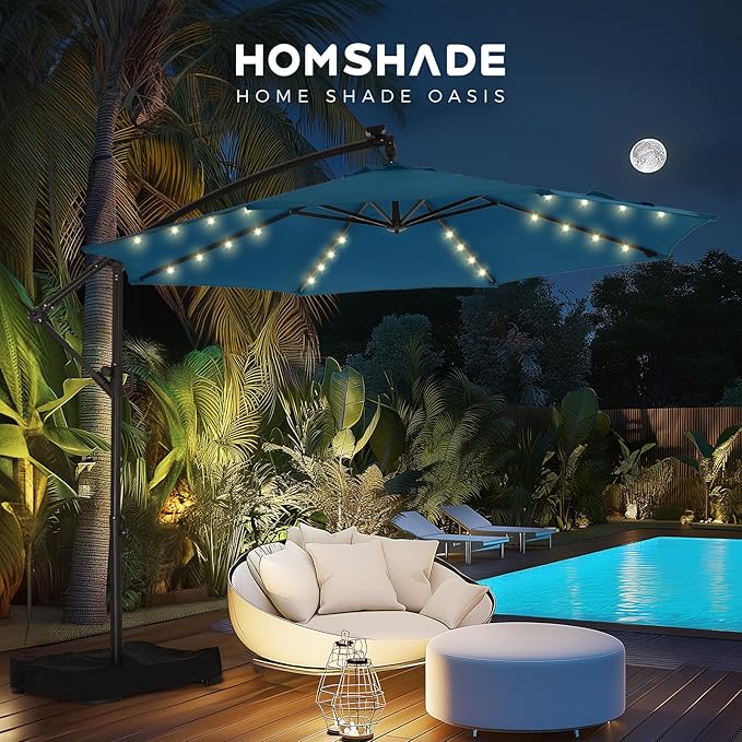 HOMSHADE 10ft Solar Lights Offset Cantilever Patio Umbrella - with Light and Base, LED Lighted Offset Hanging Patio Outdoor Market Umbrella UPF50+ UV Protection with Easy Tilt and Crank (Peacock Blue)