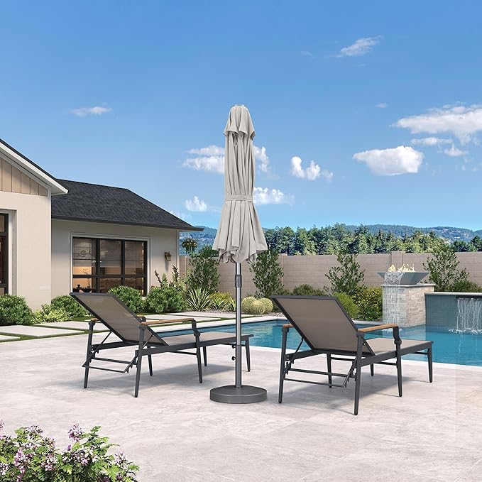 PURPLE LEAF 9 FT Semi-Auto Outdoor Patio Umbrella Market Table Sun Umbrellas with 8 Aluminum Sturdy Ribs for Backyard Deck Garden Pool (Gray Pole Beige Canopy)