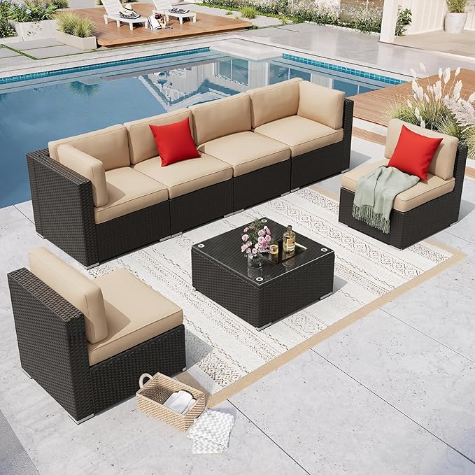 7 Pieces Outdoor Patio Furniture Set, Black Brown Wicker Patio Sectional Sofa Set, Outdoor Couch with Cushion and Tempered Glass Table, Brown