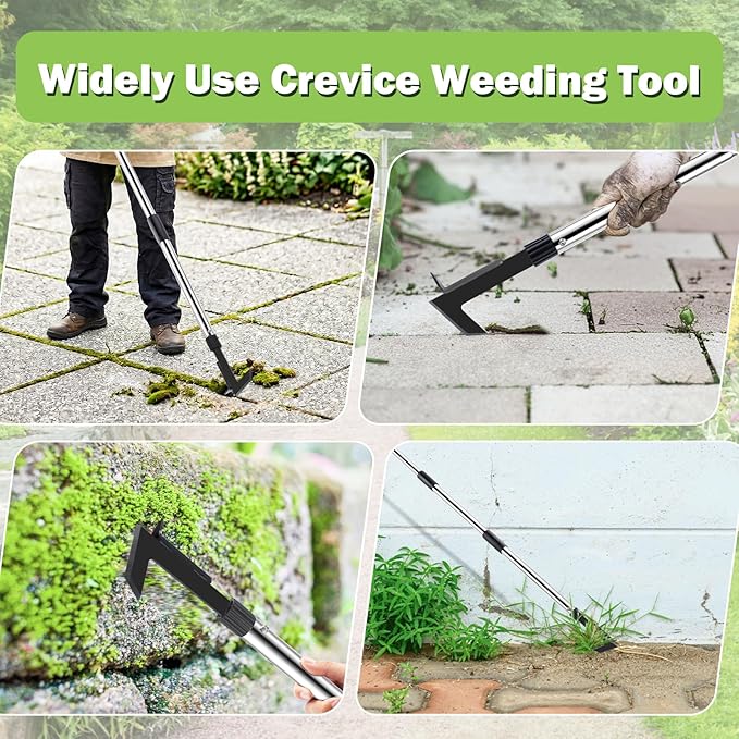 Crack Weeder Tool with Long Handle - 2 in 1 Weed Crack Remover Tool Gardening, 60" Manual Crevice Weeding Tools L-Shape Weed Puller for Sidewalk Driveway Paver Patio Yard Garden