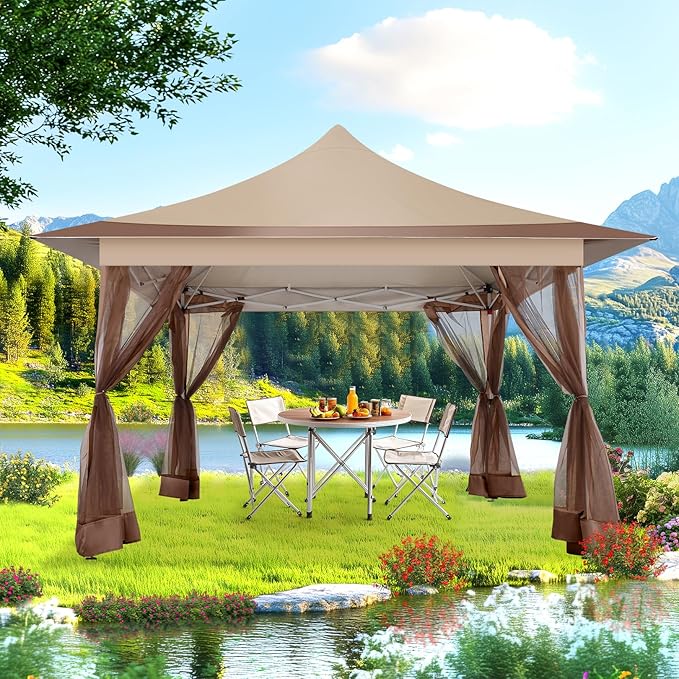 COBIZI 12x12 Pop Up Gazebo On Clearance,Outdoor Canopy Tent with Mosquito Netting,UPF50+,Adjustable Height and 144 Square ft of Shade for Party, Backyard, Gardens with Superior Peaked Roof(Khaki)