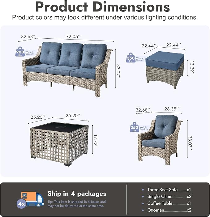 6 PCS Patio Furniture Set, Deep Seat High Back Outdoor Conversation Set with Ottomans, Wicker Outside Furniture with Solar Light Coffee Table for Porch Backyard Balcony, Sunroom, Denim Blue
