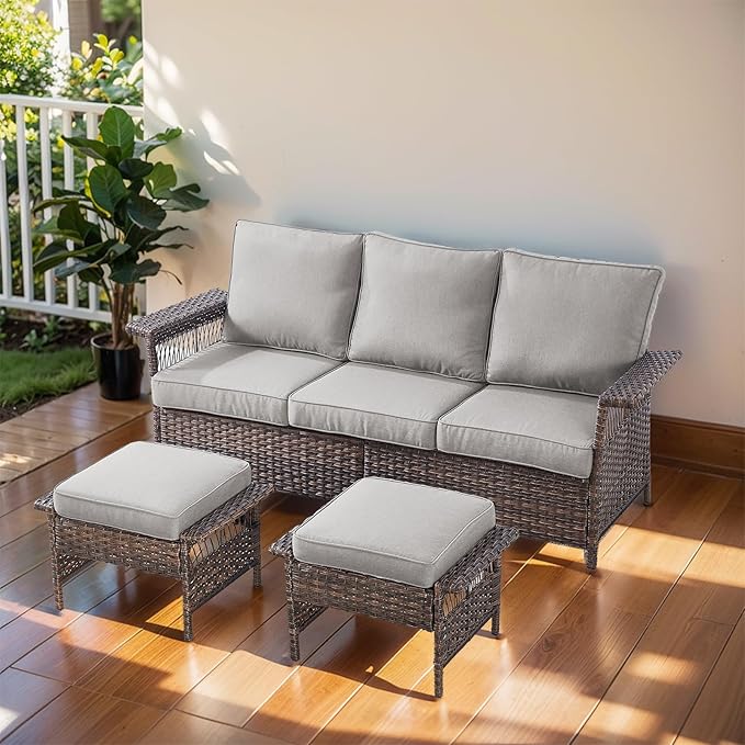 Wicker Patio Furniture Set - Sofa With 2 PE Rattan Ottomans, Brown Wicker Grey Cushions - 3pcs Conversation Set for Garden, Balcony, Sunroom, Backyard, Deck, Poolside