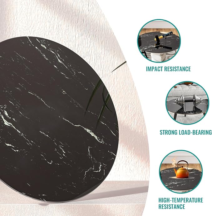 28" Round Tempered Glass Table Top, 5/16" (8mm) Thick, Marble Pattern Replacement, Heavy-Duty, Heat & Scratch Resistant for Coffee, Dining & Patio Tables, Black