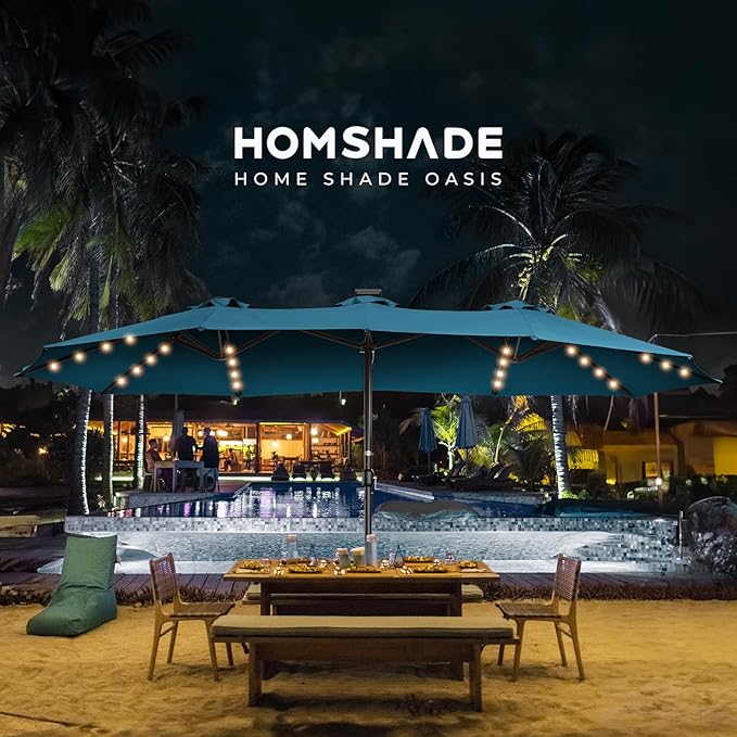 HOMSHADE Double Sided Patio Umbrellas - 15ft Solar Lights LED Lighted Outdoor Extra Large Market Table Umbrella with Base Included, Oversized Umbrella for Deck, Pool, Backyard
