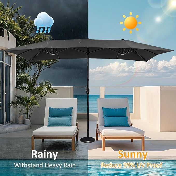 15×15ft Outdoor Patio Umbrella, Double Sided Market Rectangle Umbrella with Crank Handle, Large Sun Shade for Outside Deck, Backyard, Garden
