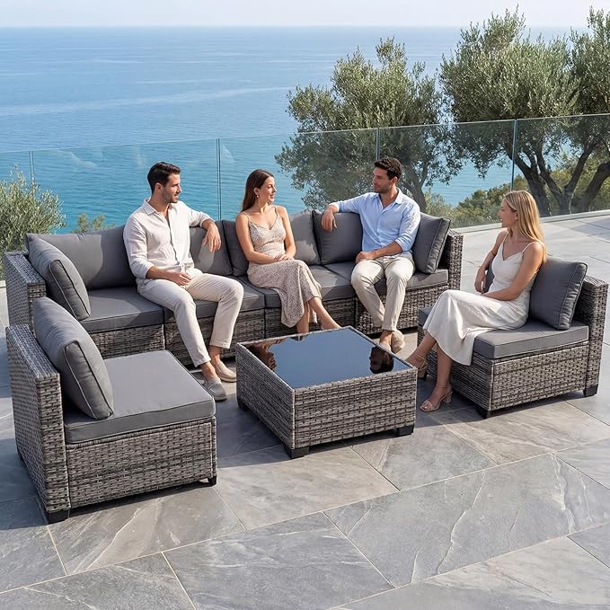 7 Pieces Outdoor Wicker Rattan Patio Furniture Sectional Set, Patio Conversation Set with Cushions & Coffee Table, All Weather PE Rattan Patio Sofa with Tea Table for Backyard Porch Garden (Grey)