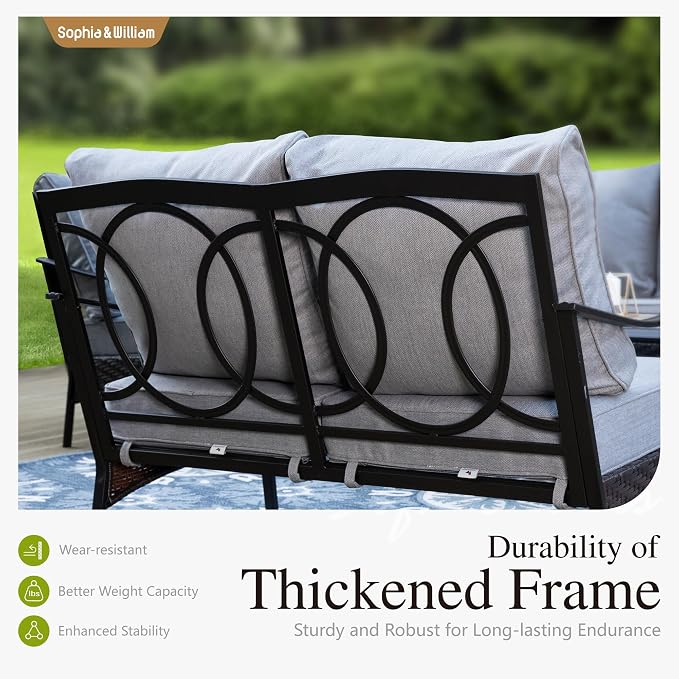 Sophia & William Patio Furniture Set with 56" Fire Pit Table, Metal Outdoor Conversation Set Patio Sectional with 3-Seater Sofas, 2 Rocking Chairs, 2 Ottomans, 1 Firepit Table for Porch Deck, Grey