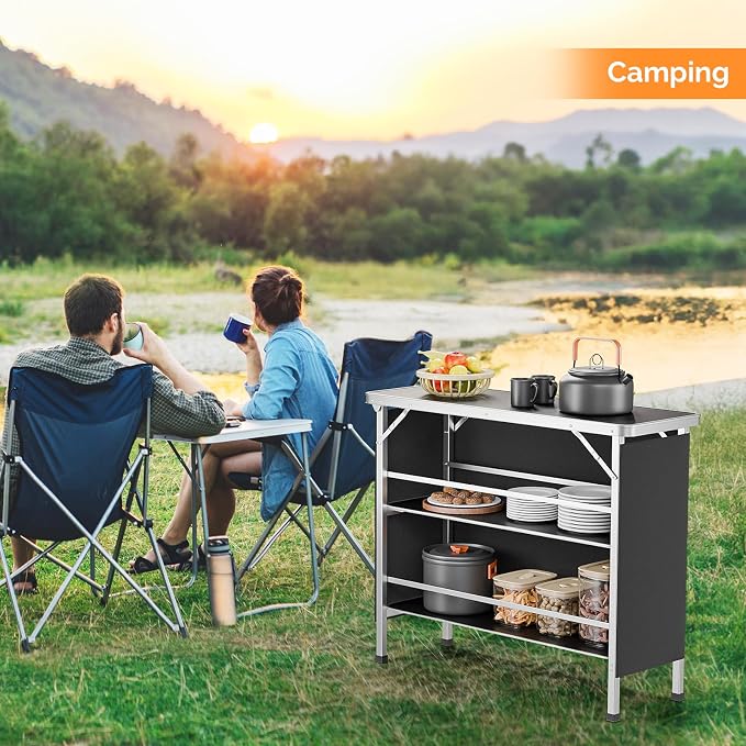 VINGLI 43" Portable Bar Table, 3-Tier Shelves, Carry Bag,Mobile Bar Table for Events, Party, Camping, Picnic, Tradeshow, Outdoor & Indoor with Black Skirt(2, 43") (2) (Black-1P, 43")