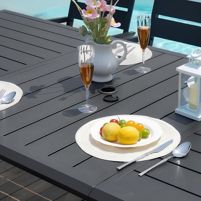 Pellebant Aluminum Outdoor Patio Dining Table for 6-8, Weather-Resistant Sturdy Frame and 83" Rectangle Top with Umbrella Hole for Deck, Porch, Backyard