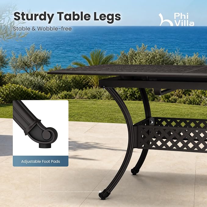 PHI VILLA 80" Outdoor Cast Aluminum Expandable Table for 6-8, Brown Rectangular Patio Dining Table with Umbrella Hole, All Weather Retro Furniture for Deck, Porch, Backyard