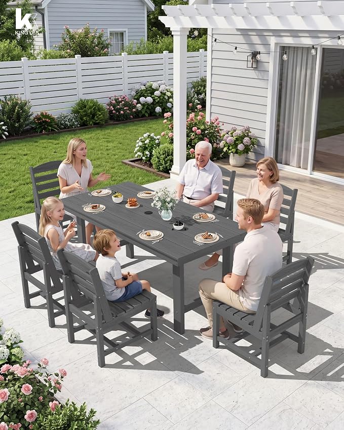 KINGYES 6-Piece Patio Dining Set, HDPE Table, Bench and Armless Chairs Outdoor Furniture Set with Umbrella Hole, Gray