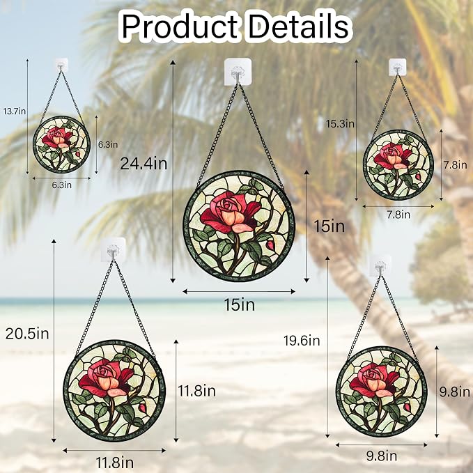 Stained Glass Window Hanging, Red Rose Flowers Sun Catcher for Door Garden Home Decor Suncatcher Christmas Mother's Day Birthday Gifts for Women Lovers Men Wife Girlfriend Mom Nana 15 in