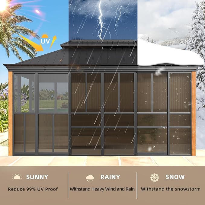EROMMY 12' X 16' Hardtop Sunroom, Galvanized Steel Double Roof Gazebo Solarium with Wood Grain Aluminum Frame & Detachable Windows, All-Weather Sun Room for Patio Deck Backyard