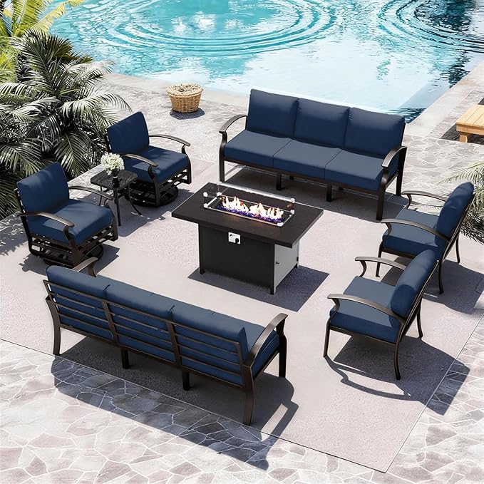 ALAULM Aluminum Patio Furniture Set with Propane Fire Pit Table - 10-seat Metal Outdoor Furniture w/Fire Pit Patio Sectional w/5.1" Cushions for Backyard, Poolside - Dark Blue