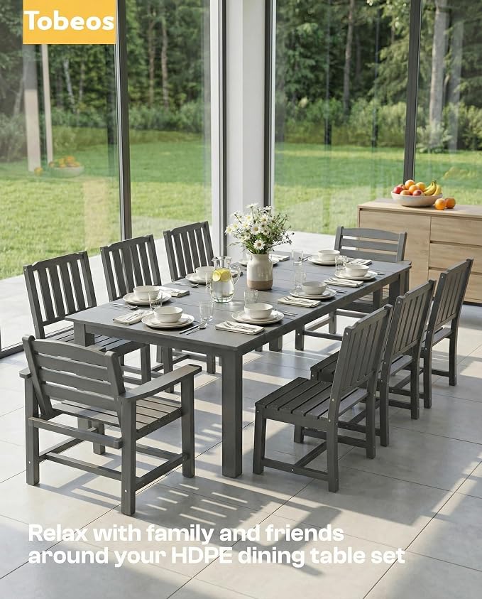 9-Pc Outdoor Dining Set, 10x10FT Cantilever Umbrella for 8,Gray | HDPE table, chairs included, aluminum frame, weather-resistant furniture, perfect for yard, lawn, garden, deck