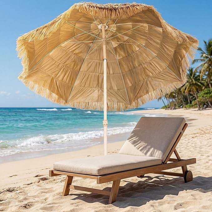 Outsunny 6FT Tiki Umbrella, Outdoor Hawaiian Style Patio Umbrella with 8 Ribs, Carry Bag, Outdoor Tiki Bar, Tropical Palapa for Pool, Beach, Khaki