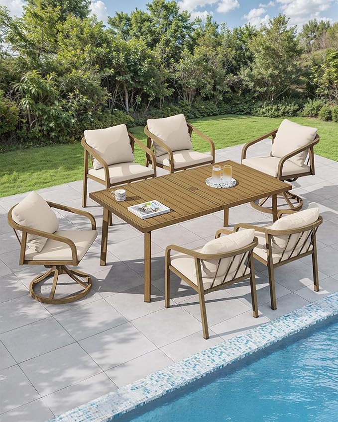 7 Pieces Outdoor Dining Set, Never-Rust Aluminum Patio Dining Set for 6, Patio Dining Table Set with 2 Swivel Chairs, 4 Dining Chairs, Outdoor Furniture Set for Commercial, Deck, Garden, Teak