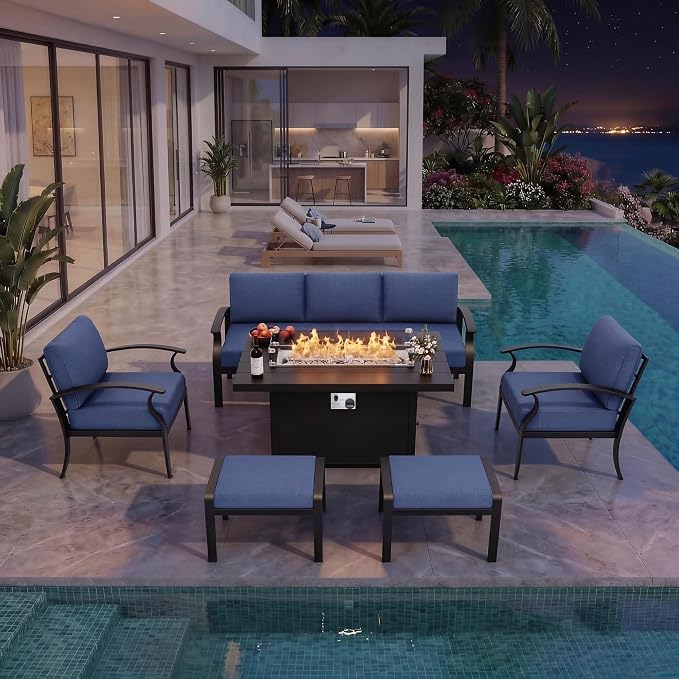 Kurapika Aluminum Patio Furniture Set 5-Seat Modern Metal Outdoor Conversation Sets w/45in Propane Fire Pit Table, w/5.1 Inch Cushion Patio Sectional Sofa with 2 Ottomans, Navy Blue