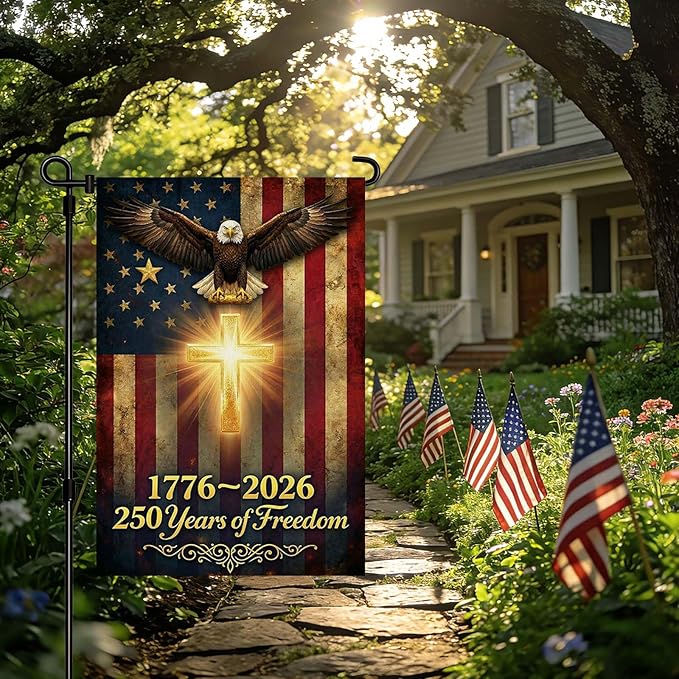 250 Anniversary USA Garden Flag, Double Sided Waterproof Patriotic Eagle Cross Flag 1776-2026, Christian Outdoor Yard Decor (12x18'')
