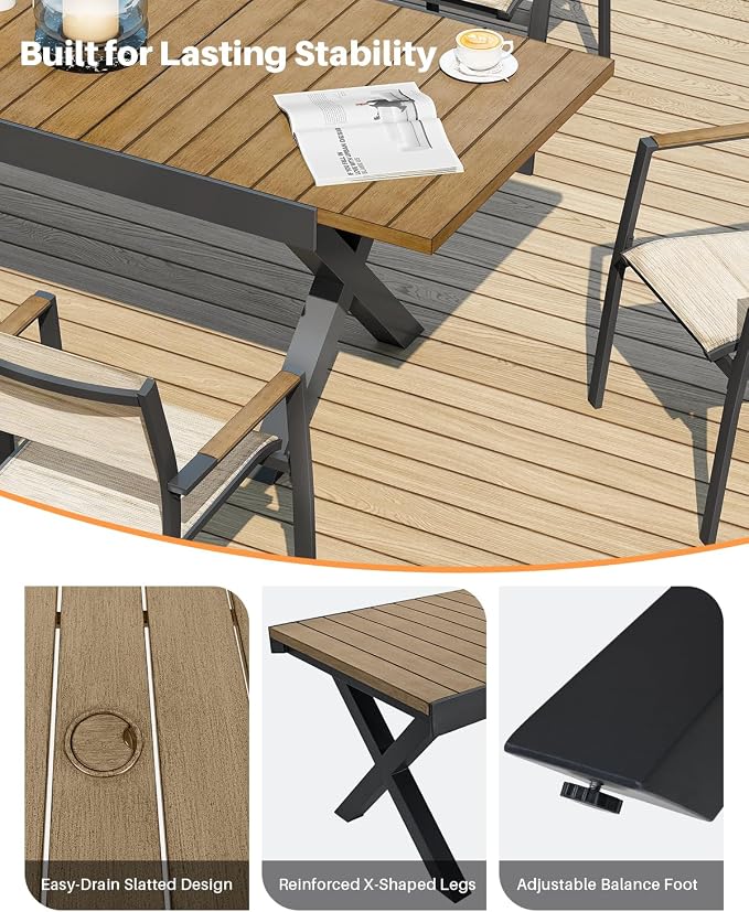 9-Piece Expandable Patio Dining Set, 8 Stackable Double-Layer Textilene Chairs and 63''-83'' Expandable Patio Dining Table, Never-Rust Aluminum Outdoor Dining Table Set for Deck, Indoor, Teak