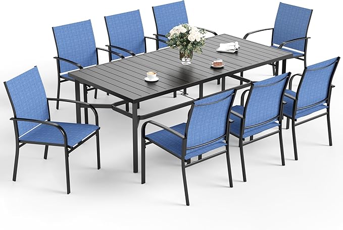 SUNSHINE VALLEY Patio Dining Set 9 PCS, 8 Stable Outdoor Dining Chairs with Rectangular Dining Table, Patio Table and Chairs Set for Lawn,Garden,Deck and Backyard