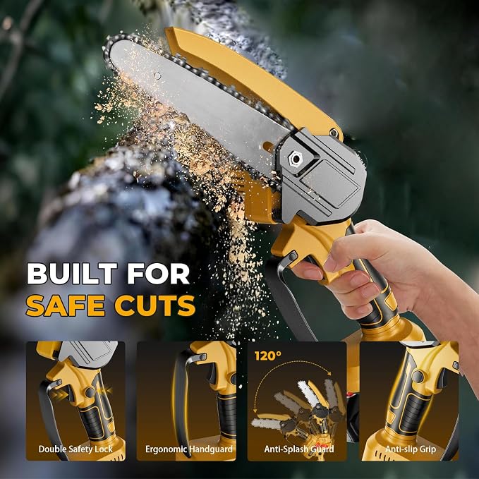 2-in-1 Cordless Pole Saw & Mini Chainsaw, 6-Inch Battery Powered Tree Trimmer with 4.4ft Extension Pole, 2 Batteries | Safe High Branch Pruning for Homeowners
