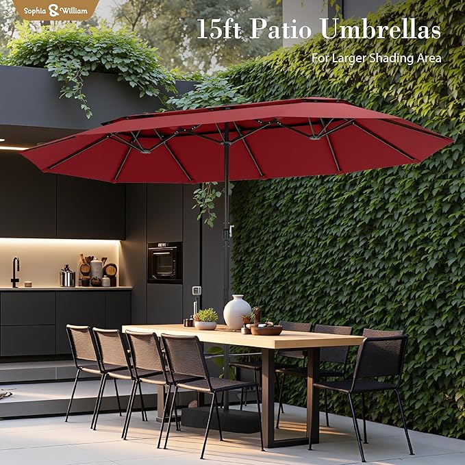 Sophia & William 15ft Extra Large Patio Umbrella with Base Included, 2-Tier Double-Sided Rectangle Outdoor Umbrella with Stand, Market Umbrella for Pool Garden Backyard, Red