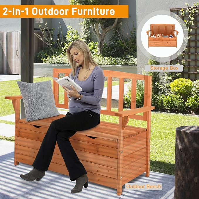 Wood Deck Box Bench, Storage Box with Backrest Armrest, All-Weather Yard Container Furniture for Tools, Toys, Outdoor Storage Bench Deck Box w/Seat for Backyard, Porch, Patio, Garden ,Orange Red