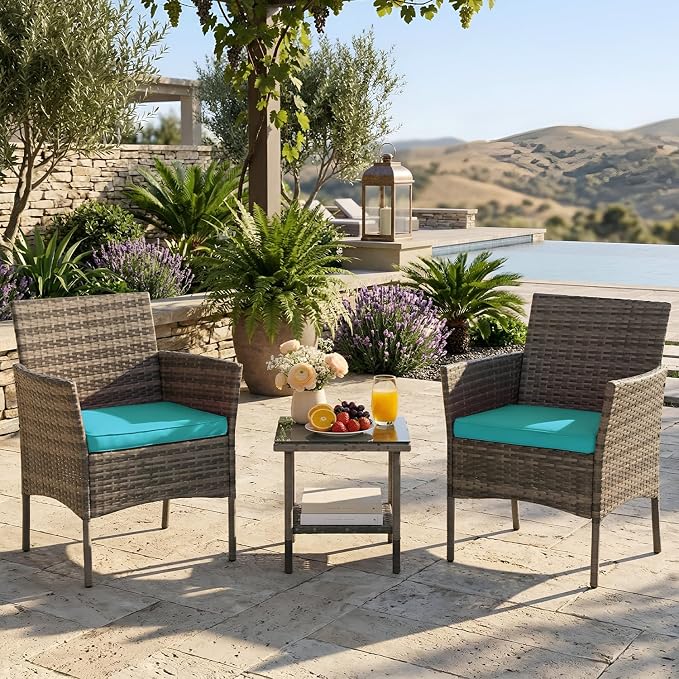 3 Pieces Patio Furniture Outdoor Bistro Set Outdoor&Indoor Conversation Set Coffee Table Chairs Set for 2 with Water-Resistant Cushions for Lawn Yard Garden Porch Balcony and Pool,Grey and Blue