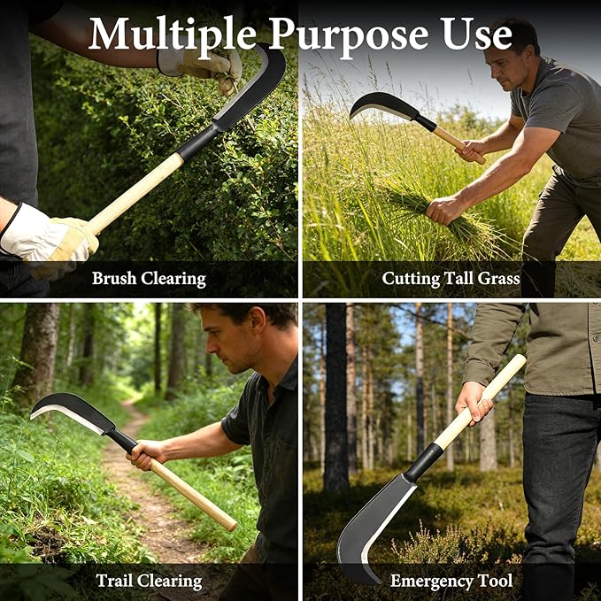 Sickle Garden Tool, Heavy Duty Carbon Steel Billhook Machete for Cutting Trees, Hand Grass Weeding Brush Clearing Sickle Knife with Wooden Handle Sharp Blade Portable for Yard Work Camping Farming