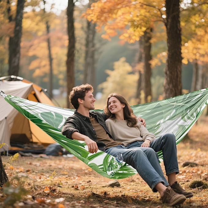 Qilmy Green Leaf Camping Hammock Single – 330 lbs Capacity, Lightweight with Tree Straps & Carabiners, Portable for Hiking, Travel, Backpacking