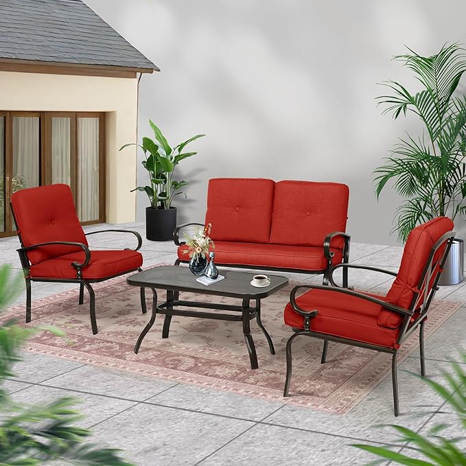 Incbruce 4Pcs Outdoor Metal Furniture Sets Wrought Iron Patio Furniture Conversation Set (Loveseat, Coffee Table, 2 Chairs) - Steel Frame Patio Seating Set with Red Cushions