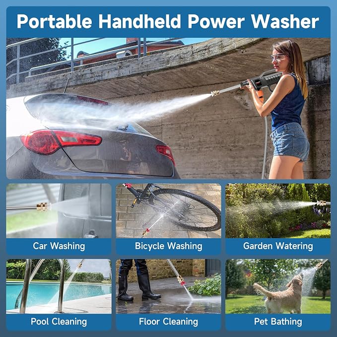 1500W Portable Battery Power Washer, 60Bar/870PSI Electric Pressure Washer Handheld High Pressure Car Washer Gun with 2 Nozzles, 2 Battery, 5m Hose Cordless Jet Washers for Car/Floor/Patio