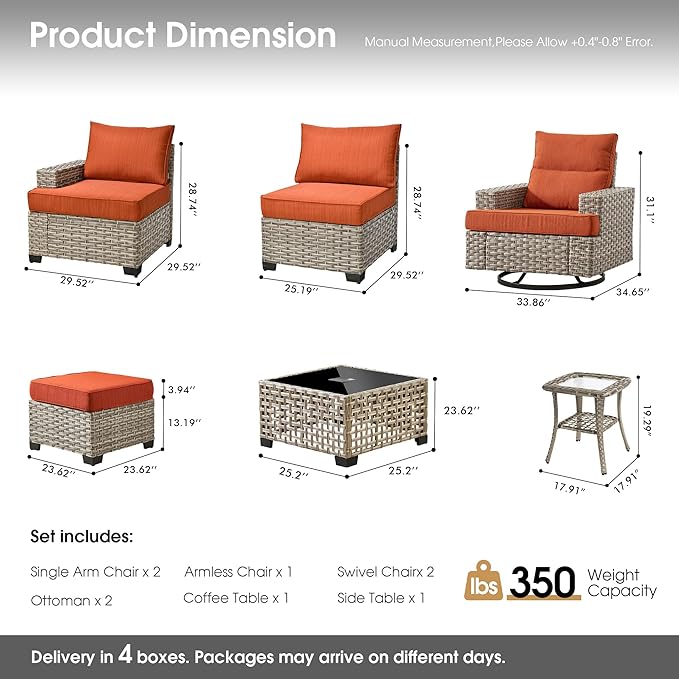 Rattan Patio Furniture Set with Swivel Chairs,9 Pieces Outdoor Sectional with Ottoman Glowing Coffee Table,Out Door Furniture Conversation Set,Orange Red