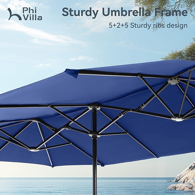 PHI VILLA 8 Piece Patio Dining Set with 13ft Patio Umbrella (Haze Blue), 6 Outdoor Swivel Dining Chairs with Round Base & 1 Large Metal Dining Table with 1.9" Umbrella Hole, for Lawn Garden Backyard