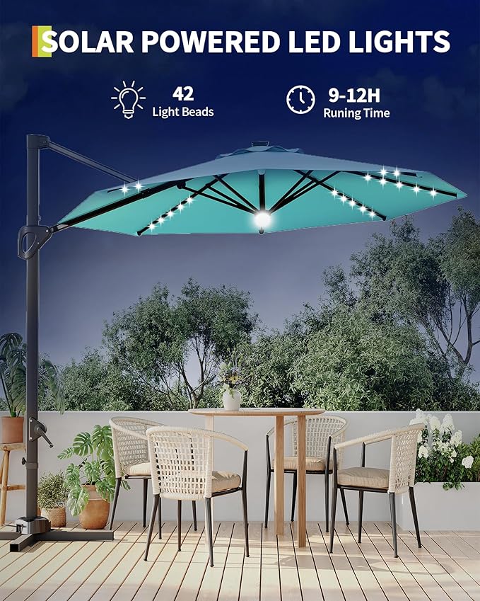 GarveeLife 10 ft Cantilever Umbrella Outdoor Patio Umbrella Solar LED w/Base Included Market Offset Umbrella Sun Shade Windproof with 360-Degree Rotation for Patio Garden Deck Pool, Turquoise Blue
