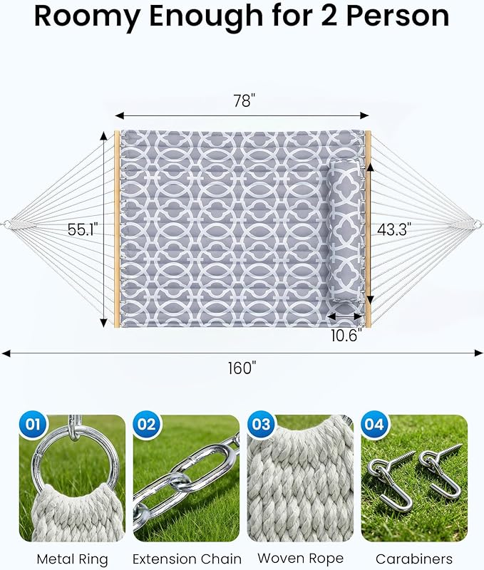 Double Hammock with Spreader Bar & Pillow, 2-Person Portable Hammock, 500lbs Capacity for Outdoor Camping, Patio, Backyard, Garden, Beach & Travel Relaxation – White Gray